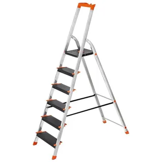 SONGMICS Trittleiter, Leiter, 3/4/6 Stufen, Aluleiter, mit Werkzeugschale, bis 150 kg schwarz 6 Stufen