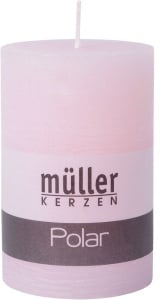 Müller Kerzen Polar Stumpenkerzen 120/78mm, Raureif-Effekt, Hochwertige Stumpen für langanhaltende gemütliche Stimmung, 1 Packung = 4 Stück, malve