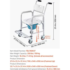 Vevor Nachttoilettenstuhl 159 kg belastbar, rollbare Toilettensitzerhöhung mit gepolsterter Sitzfläche/Rückenlehne/hochklappbarer Fußstütze, a...
