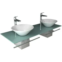 Alpenberger Doppel Waschbecken auf Milchglasplatte|Keramik mit Nanobeschichtung | Waschtisch Komplett Set Edelstahlkasten & Handtuchhalter Badezimmer