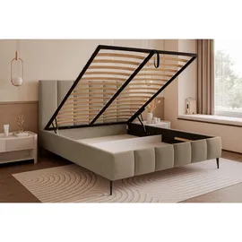 Selsey Polsterbett 140x200 cm, mit Bettkasten, Lattenrost und Metallfüßen, dunkelbeige -