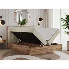 MKS Meble Boxspringbett 180x200 mit Bettkasten Eiche, Polsterbett 180x200 mit Matratze H4, Bett 180x200 mit Kopfteil, Bett mit Holzrahmen in Wotan ... - Beige