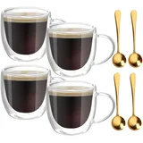 BORDEAG 4 Stück Latte Macchiato Gläser Set, Espressotasse, Doppelwandig Glastassen Mit Henkel Kaffeegläser Espressogläser Mit 4 Löffeln Kaffeetassen Für Cappuccino, Latte, Tee, Milch, Bier 250ml