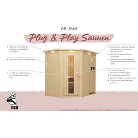 Karibu Sauna Fanja - 68 mm Systemsauna - 230 Volt Plug & Play-Ohne Ofen-Inkl. Dachkranz-Klarglas Ganzglastür inkl. 10-teiligem gratis Saunaset im Wert von 232,94 €