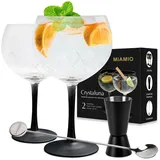 MiaMio - 2 x 650 ml Gin Glas / 2er Gin Gläser Set -Hochwertige Gin Tonic Gläser ideal für Gin und Cocktails - Geschenk Set inklusive Messbecher Glas und Rührlöffel Crystaluna Kollektion (Gin Tonic)