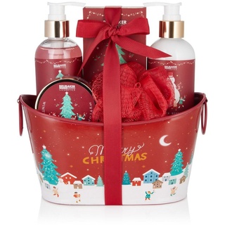 Brubaker Cosmetics Bade- und Dusch Set Winter Beeren Duft - 6-teiliges Geschenkset in dekorativer Metallwanne Weihnachten - Weihnachtsset