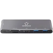 Renkforce Tragbares Kartenlesegerät mit SSD-Gehäusehub (USB-C, 3 Ports), Dockingstation + USB Hub, Grau