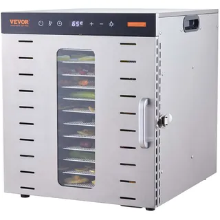 Vevor 1000 W Dörrautomat Edelstahl, 377 x 285 mm 10 Stk. Tabletts 360° Trocken, Dörrgerät, Temperaturregelung, 0,5 bis 48-Stunden-Timer, Überhitzungsschutz, Rezeptheft für Fleisch Obst Gemüse