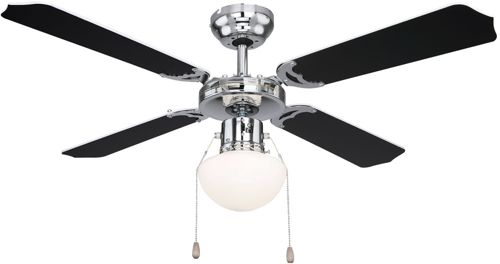 Deckenventilator mit Beleuchtung Windmaschine Deckengebläse chrom kühlen wärmen Vor Rücklauf Zugschalter Glas Lampe