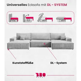 bromarkt Ecksofa PABLO U Schlaffunktion, Bettkasten U-Form 398x148x85cm Hellgrau - Hellgrau