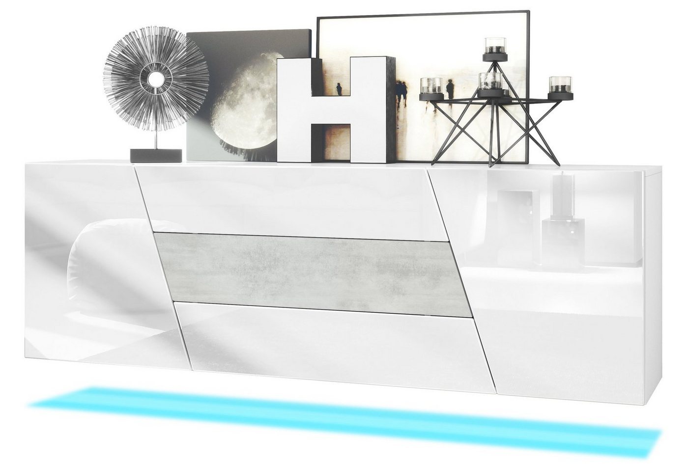 Vladon Sideboard Houston (hängende Kommode, mit 2 Türen und 3 Schubladen inkl. LED-Beleuchtung), Weiß matt/Weiß Hochglanz/Beton Oxid Optik (178 x 57,5 x 38,5 cm) grau