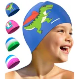 Badekappe Kinder - wasserdichte Badehaube für Jungen Mädchen, Silikon Schwimmkappe für 3-15 Jahre, Bequeme Badekappekinder mit UV-Schutz und rutschfest, Geeignet für Schwimmen Tauchen