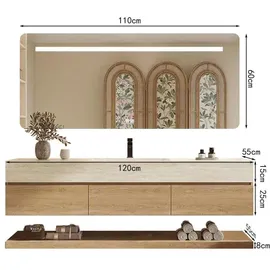 360Home Wandhängendes Waschbecken-Set - Sinterstein - Travertine look, mit Spiegel, Unterschrank, Ablage & Ablauf, mit Armaturenloch 120×55 cm【YT9865-1...
