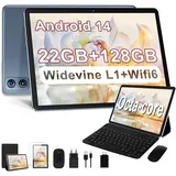 dghrti 2025 Tablet Android, 10 Zoll | 22 GB RAM + 128 GB ROM + TF 1 TB | UFS 2.1 Flash | 8-Core-Prozessor | 8000 mAh | WiFi 5G | BT5.0 | Widevine L1 mit 2-in-1-Tablet mit Tastatur und Maus–Grau