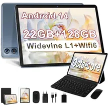 dghrti 2025 Tablet Android, 10 Zoll | 22 GB RAM + 128 GB ROM + TF 1 TB | UFS 2.1 Flash | 8-Core-Prozessor | 8000 mAh | WiFi 5G | BT5.0 | Widevine L1 mit 2-in-1-Tablet mit Tastatur und Maus–Grau