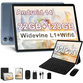 dghrti 2025 Tablet Android, 10 Zoll | 22 GB RAM + 128 GB ROM + TF 1 TB | UFS 2.1 Flash | 8-Core-Prozessor | 8000 mAh | WiFi 5G | BT5.0 | Widevine L1 mit 2-in-1-Tablet mit Tastatur und Maus–Grau