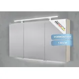 Intarbad Badezimmerspiegelschrank 3-türiger Spiegelschrank mit MULTI LED Acryl Aufsatzleuchte, dimmbar (Doppelspiegeltüren, Holz-/ Lackdekore, Maße von 120 bis 140 cm wählbar, Höhe 70 cm, Glasfachböden, Magnetleiste & Kosmetikspiegel Ø 12 cm) Vormontierte Lieferung, Floatglas, 160 kg Traglast, Made in Germany beige 130 cm x 70 cm x 13,5 cm