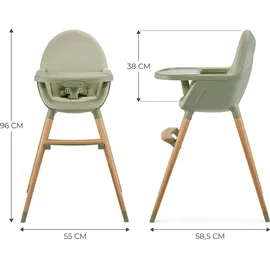 Kinderkraft Hochstuhl FINI2 2 in 1, Kinderhochstuhl, Babystuhl, Kombihochstuhl, Beine aus Holz, Sicherheitsgurte, Fußstütze, Doppeltablett, ab 6 Monate bis 5 Jahre, 5 Punkt Gurte, Grün