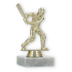 Pokal Kunststofffigur Cricket Schlagmann gold auf weißem Marmorsockel 13,0cm