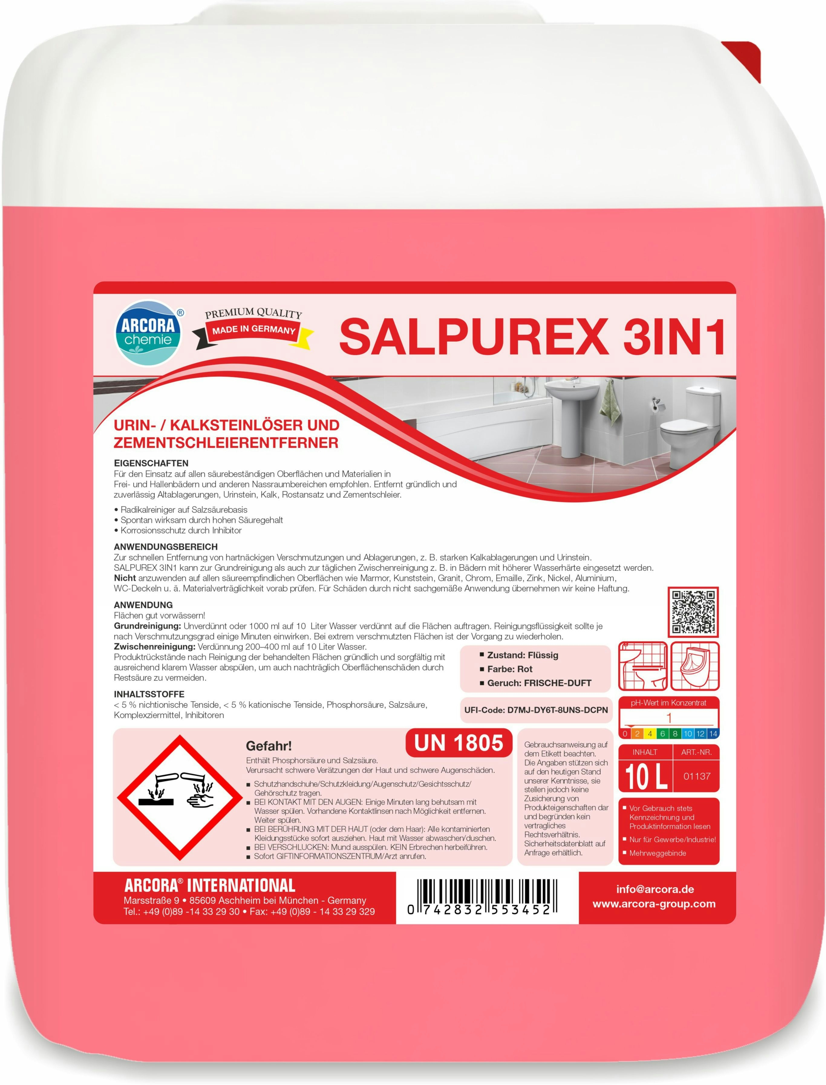 ARCORA Radikaler Sanitärgrundreiniger auf Salzsäurebasis SALPUREX 3IN1 , 10L