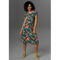 Sommerkleid, mit farbenfrohem Blumendruck, Gr. 36 - N-Gr, petrol-grün-koralle-khaki-weiß-rosa, , 57900007-36 N-Gr