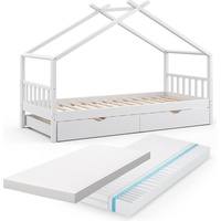 VitaliSpa Kinderbett Hausbett Gästebett Design Lattenrost 90x200 Matratze Weiß