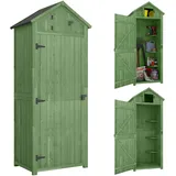 Outsunny Gartenschrank Holz Geräteschuppen mit 3 abnehmbar Ablage abschließbar Tür Asphalt-Satteldach Fenster, 77 x 54,2 x 179 cm erhöhter Geräteschrank Gerätehaus für Garten Terrasse Grün