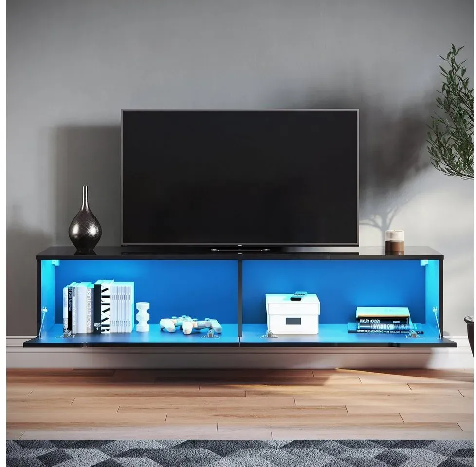 SONNI Sideboard TV Lowboard 140x35x30cm Weiß/Swarz mit LED-Beleuchtung, TV Board, Sideboard, Fernsehtisch, TV Schrank, zwei Montagemöglichkeiten schwarz