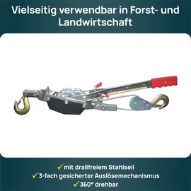 Kerbl Seilzug mit Ratsche 2 Tonnen, Stahl, 360° drehbarer Stahlhaken, automatische Bremse