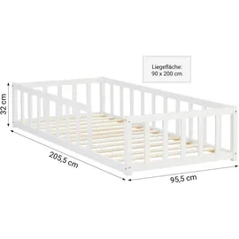 Homestyle4u Kinderbett Weiß mit Rausfallschutz 90x200 cm Bodenbett Montessori Bett Lattenrost Kleinkindbett - Weiß