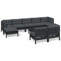 vidaXL 10-tlg. Garten-Lounge-Set mit Kissen Schwarz Kiefernholz