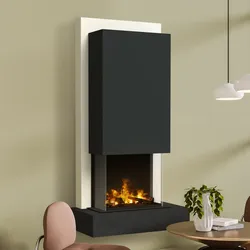 muenkel design Arco [Elektrokamin Opti-myst]: Nero (Schiefer schwarz) - Haube schwarz-grau - Mit Heizung