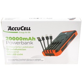 AccuCell 20000mAh Powerbank mit 4 Ladekabel, QI-Ladefunktion, Solar Panel, mit LED Licht