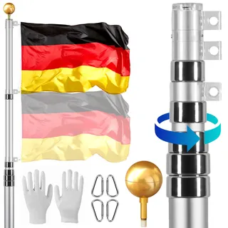 Vevor 30ft Teleskop-Fahnenmast-Set, robustes Fahnenmast-Set aus Aluminiumlegierung im Boden für draußen, 3 Anzeigemodi Fahnenmast mit professionellem Zubehör, deutsche Flagge, Silber
