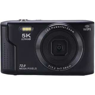 CCYLEZ 5K Digitalkamera, 72MP Vlogging-Kamera mit 16-fachem Optischem Zoom, 2,8-Zoll-LCD-Bildschirm, AF-Autofokus, LED-Fülllicht, Eingebautem WLAN, Schwarz