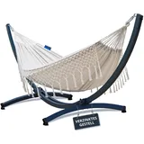 Potenza Outdoor Hängematte mit Verzinkter Tytan Gestell für 2 Personen I Baumwolle Doppelhängematte XXL 220x160, 200kg I Hängemattengestell 350 kg, wetterfest (Santia-Ecru, Basic Gestell Graphit)