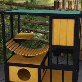PawHut Katzenhaus aus Holz mit Hängebrücke für 1-2 Katzen bis 5 kg Gelb 84,5 x 60 x 88 cm