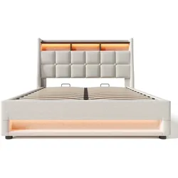 Merax Polsterbett, Baumwolle-Leinen Bezug Stauraumbett mit USB-Anschluss + LED 180x200cm, beige