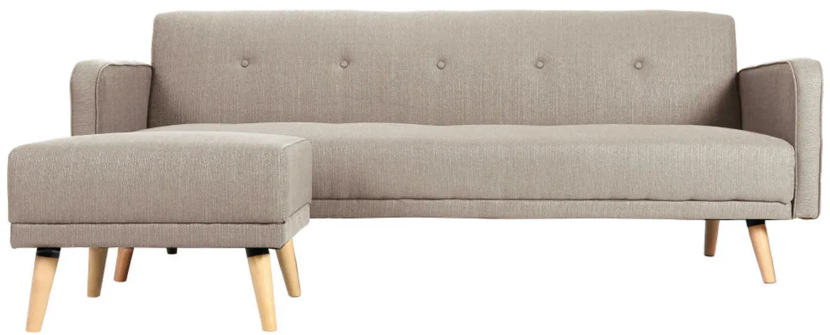 Canapé convertible scandinave 3 places avec repose-pieds en tissu beige et bois clair ULLA