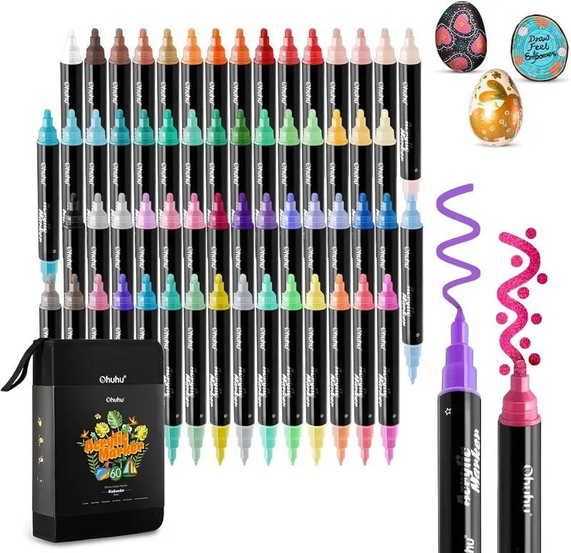 Ohuhu Acrylstift-Set, 60 Farben, doppelte Spitzen (rund & fein) zum Bemalen von Ostereiern, für Malerei und Zeichnen