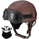 Deutsche Leder Motorrad Halbhelme mit ECE, Vintage Helme mit Schutzbrille, Jethelm Retro, Chopper Helm, Scooter-Helm, Fahrradhelm, mit Sonnenblende und Herausnehmbares Innenfutter