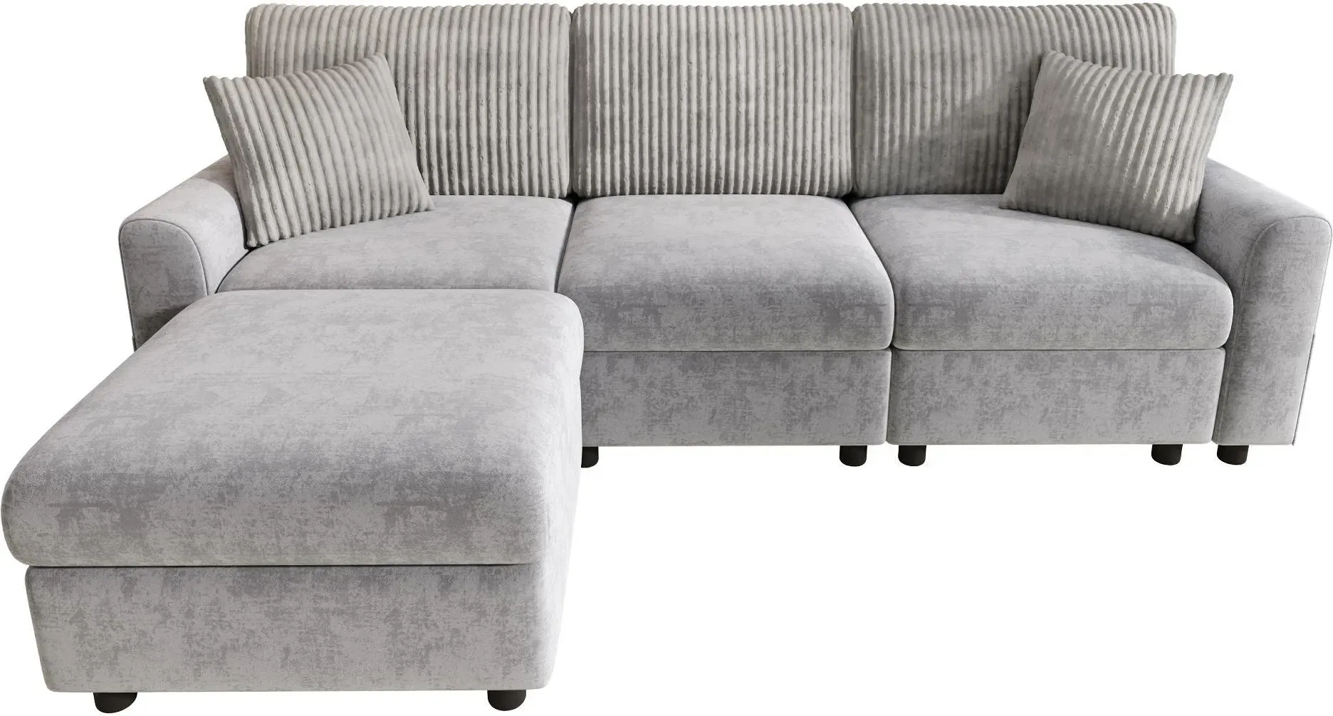 Modernes Sofa mit Fußhocker, Dual‐Port‐Ladefunktion, inkl. 2 quadratischen Kissen, abnehmbare Sitzkissen, 223x146x84 cm, Grau