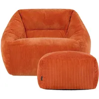 I.C.O.N. Icon Natalia Sitzsack Sessel mit Hocker für Erwachsene, Orange, Flauschiger Cord Stoff, Riesen Sitzsack Cord mit Füllung, Bean Bag Chair, Bequemer Sessel Wohnzimmer, Lounge, Schlafzimmer, Büro