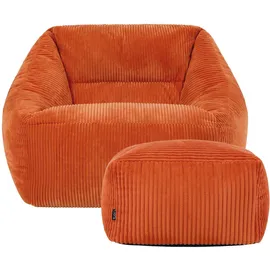 I.C.O.N. Icon Natalia Sitzsack Sessel mit Hocker für Erwachsene, Orange, Flauschiger Cord Stoff, Riesen Sitzsack Cord mit Füllung, Bean Bag Chair, Bequemer Sessel Wohnzimmer, Lounge, Schlafzimmer, Büro