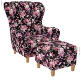 Supellex Ohrensessel Sofia Samt-Velours 70 x 100 x 80 cm Rosen mit Hocker