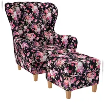Supellex Ohrensessel Sofia Samt-Velours 70 x 100 x 80 cm Rosen mit Hocker