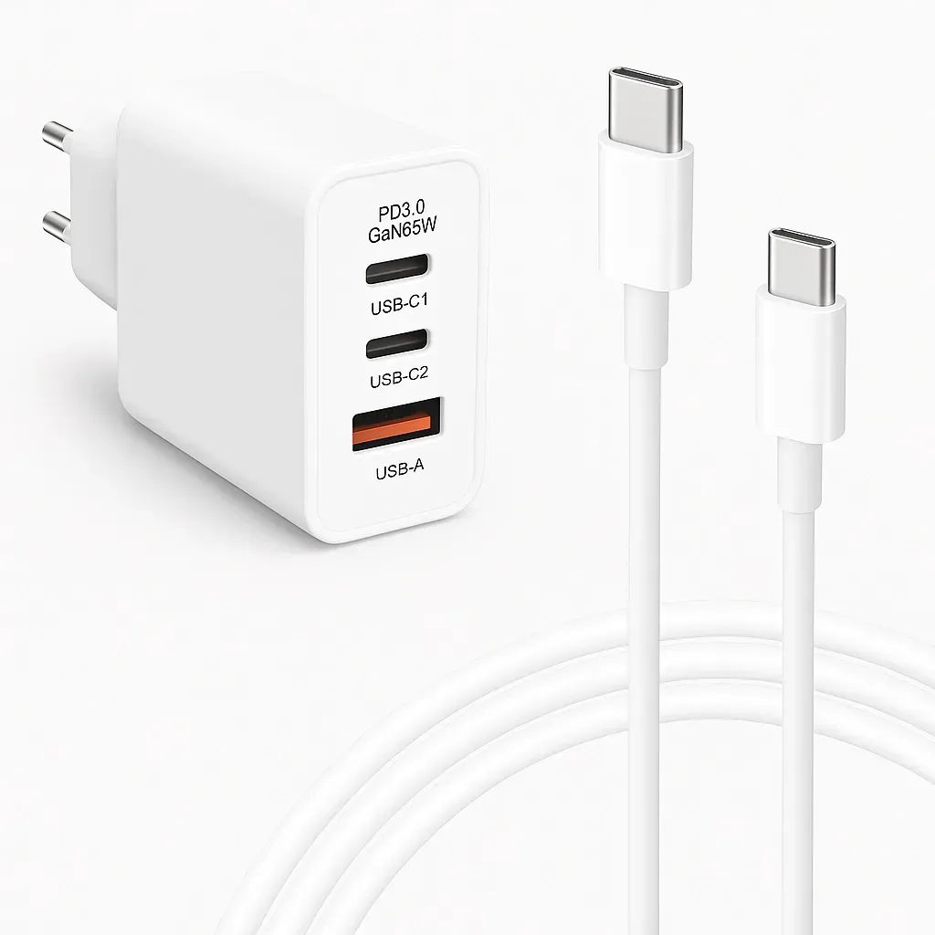 65 W USB-C Schnellladekabel mit Datenfunktion 2m inklusive 65W USB C und USB-A Netzteil Ladeset für Smartphone MacBook Laptop und Tablet kompakt Weiß