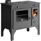 Prometey Kaminofen mit Backfach und Herdplatte Retro Eco Schwarz Links Holzofen 7 kW Kamin Ofen Holz Werkstattofen Hüttenofen Heizofen Gartenofen