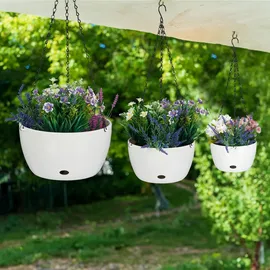Relaxdays Blumenampel mit Wasserspeicher, Set, 3 Größen, Selbstbewässerung, außen & innen, hängender Blumentopf, weiß