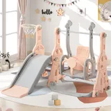 4-in-1-Rutsche für Kinder, Schaukel mit Rutsche, mit Basketball-Stand, Schaukel, Leiter, für Garten, Innenbereich, Außenbereich, Spielplatz (Rosa A, 140 x 118 x 82)